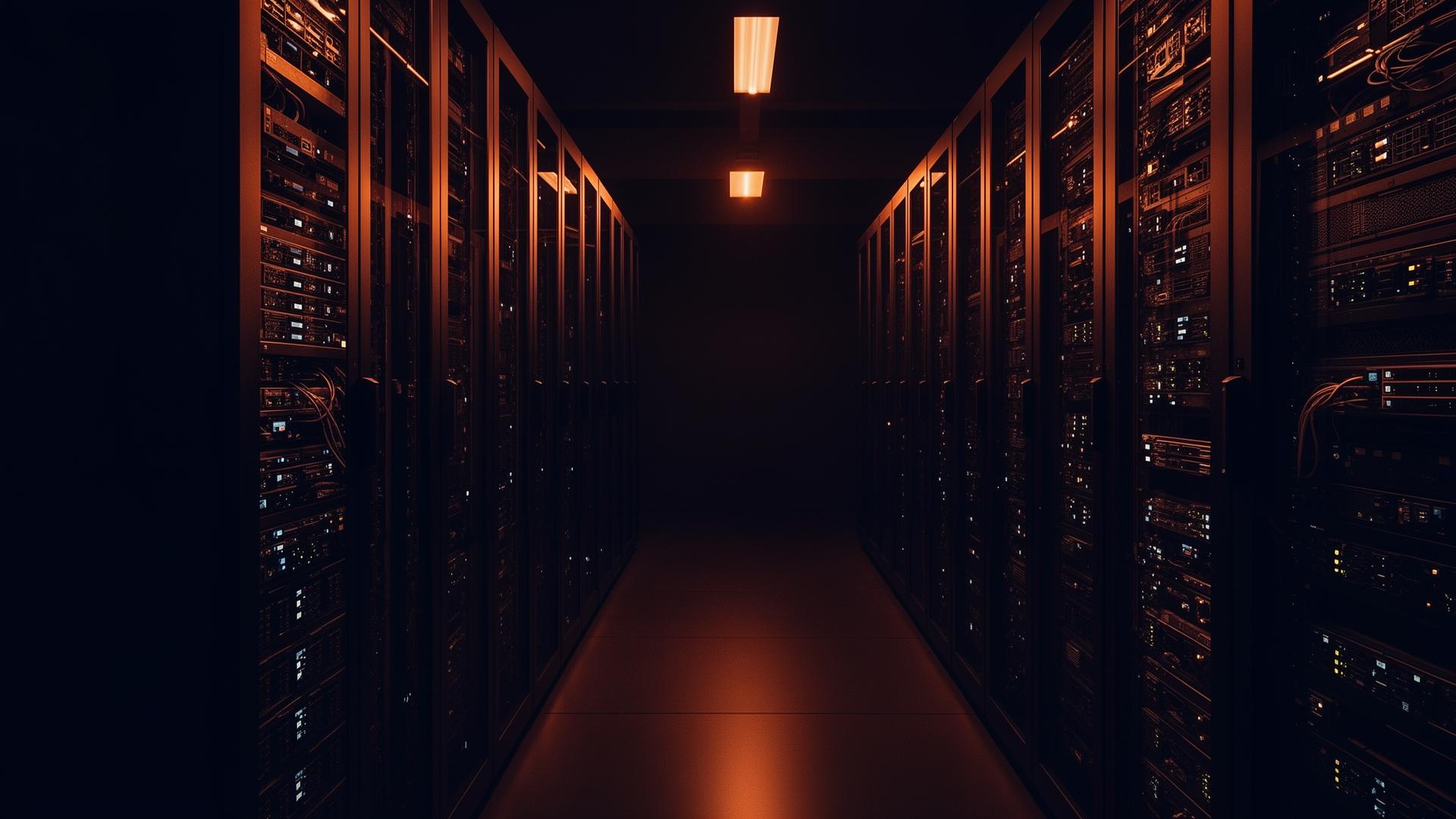 Modern data center corridor with amber lighting