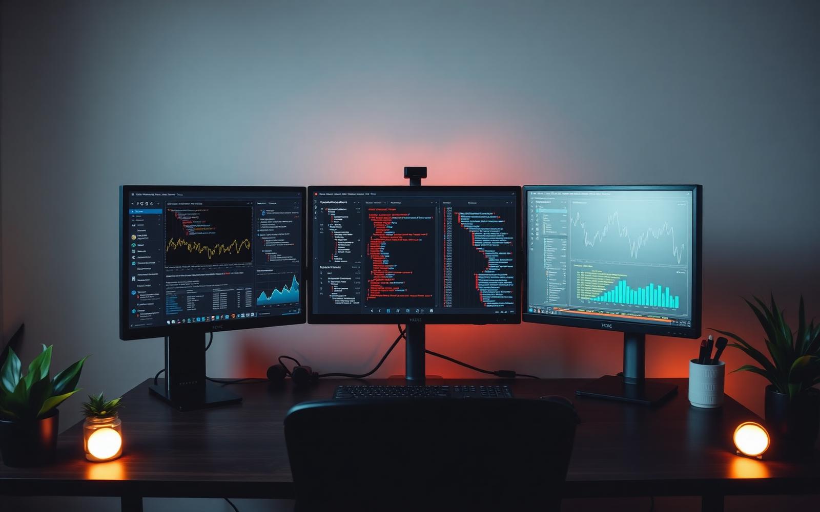 Developer workspace with multi-monitor setup and dashboards